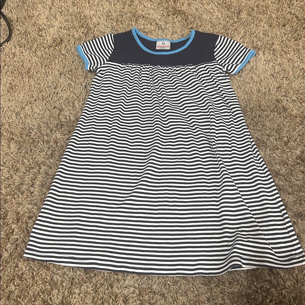 Hanna Andersson Navy and White Striped Dress with Light Blue Trim